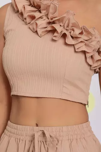 Beige summer one shoulder off frilled party wear crop top