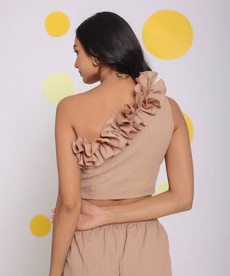 Beige summer one shoulder off frilled party wear crop top 6