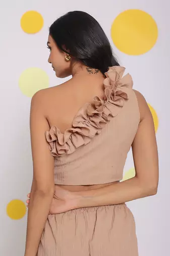 Beige summer one shoulder off frilled party wear crop top