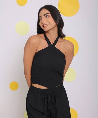 Black summer halter neck party crop top 1