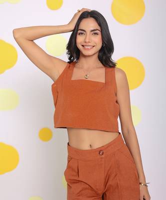 Solid brown summer relaxed casual crop linen top 1