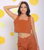 Solid brown summer relaxed casual crop linen top