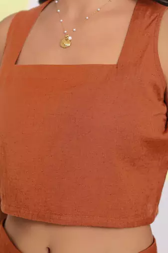Solid brown summer relaxed casual crop linen top