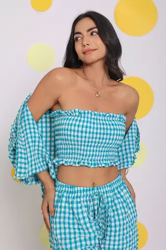 White and aqua blue summer fitted tube resort wear crop top