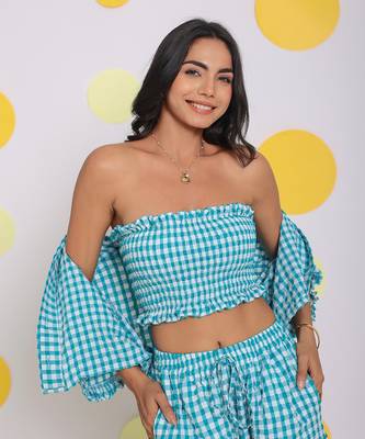 White and aqua blue summer fitted tube resort wear crop top 5