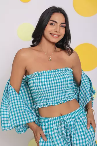White and aqua blue summer fitted tube resort wear crop top