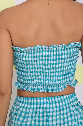 White and aqua blue summer fitted tube resort wear crop top
