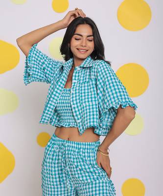 White and aqua blue summer relaxed collared shirt and fitted tube top 1
