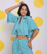 White and aqua blue summer relaxed collared shirt and fitted tube top