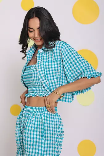 White and aqua blue summer relaxed collared shirt and fitted tube top