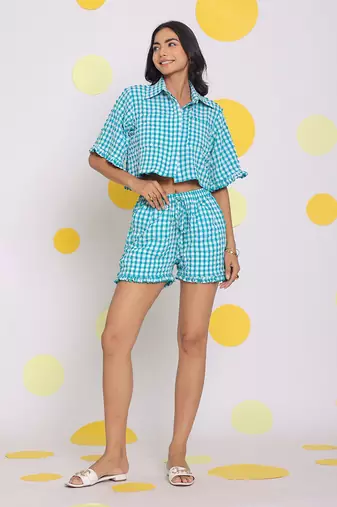 White and aqua blue summer relaxed collared shirt and fitted tube top