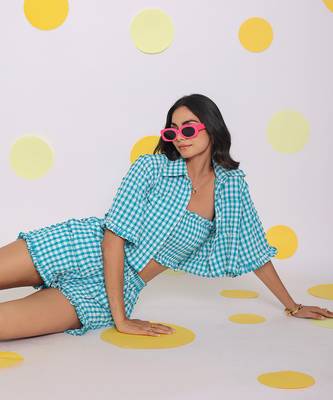 White and aqua blue summer relaxed collared shirt and fitted tube top 5