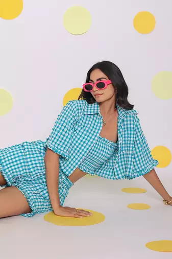 White and aqua blue summer relaxed collared shirt and fitted tube top