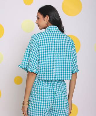White and aqua blue summer relaxed collared shirt and fitted tube top 6