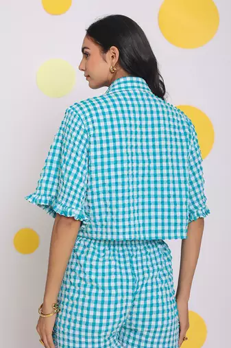 White and aqua blue summer relaxed collared shirt and fitted tube top
