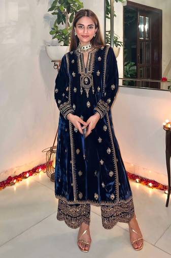 Royal Blue Velvet Embroidered Pakistani Suit with Palazzo (Without Potibag)