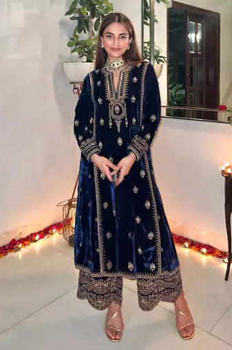 Royal Blue Velvet Embroidered Pakistani Suit with Palazzo (Without Potibag)