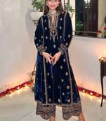 Royal Blue Velvet Embroidered Pakistani Suit with Palazzo (Without Potibag)