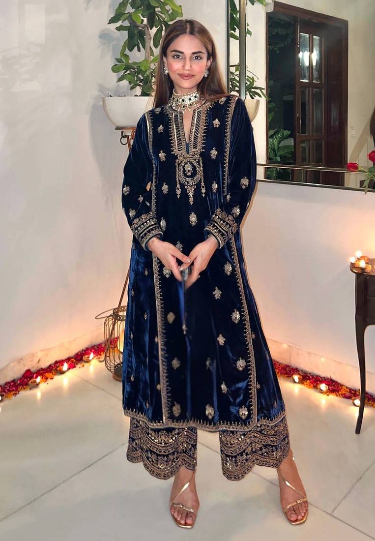 Royal Blue Velvet Embroidered Pakistani Suit with Palazzo (Without Potibag)