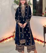 Royal Blue Velvet Embroidered Pakistani Suit with Palazzo & Potli Bag