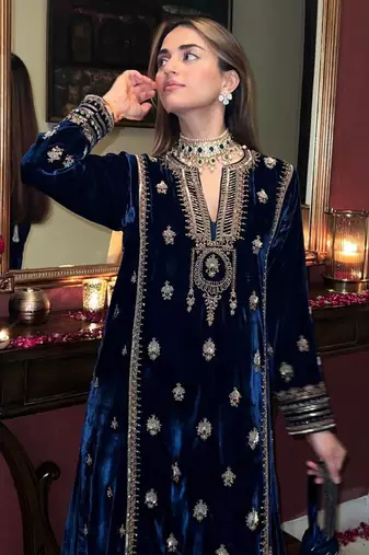 Royal Blue Velvet Embroidered Pakistani Suit with Palazzo (Without Potibag)