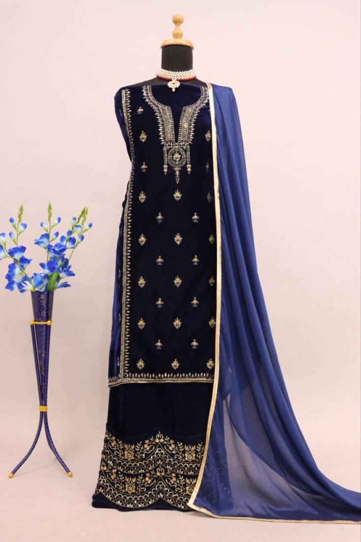 Royal Blue Velvet Embroidered Pakistani Suit with Palazzo (Without Potibag)