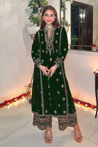 Green embroidered velvet semi stitched salwar suit (Without Potibag)