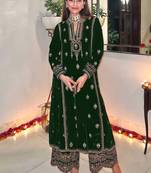 Green embroidered velvet semi stitched salwar suit (Without Potibag)