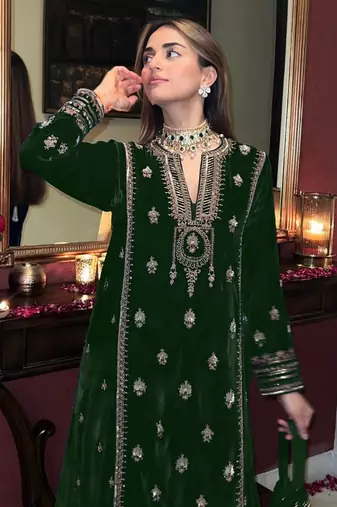 Green embroidered velvet salwar suit (Without Potibag)
