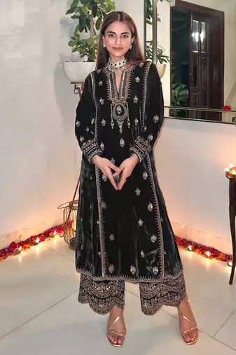 Black embroidered velvet semi stitched salwar suit (Without Potibag)