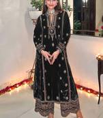 Black embroidered velvet semi stitched salwar suit (Without Potibag)