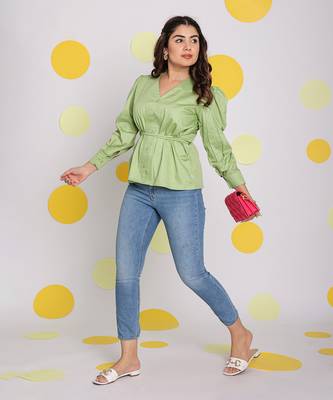 Mint green v-neck full sleeve buttoned 100% cotton top 1