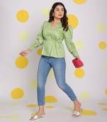 Mint green v-neck full sleeve buttoned 100% cotton top