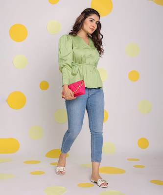 Mint green v-neck full sleeve buttoned 100% cotton top 3