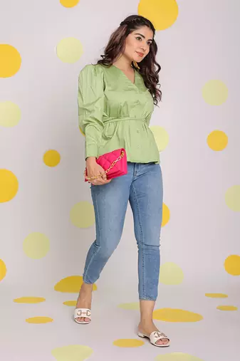 Mint green v-neck full sleeve buttoned 100% cotton top
