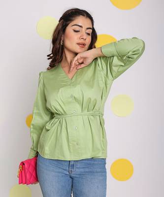 Mint green v-neck full sleeve buttoned 100% cotton top 4