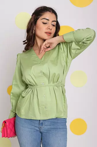 Mint green v-neck full sleeve buttoned 100% cotton top