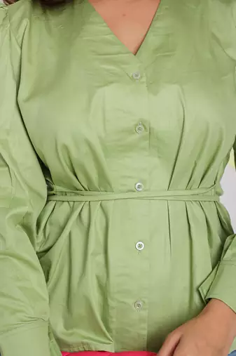 Mint green v-neck full sleeve buttoned 100% cotton top