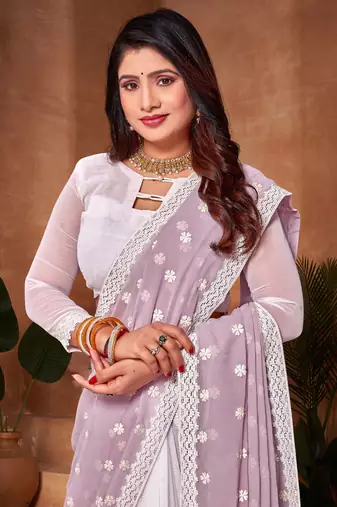 Designer lavender white resham embroidery work georgette saree