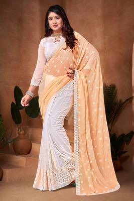 Designer yellow white resham embroidery work georgette saree 1
