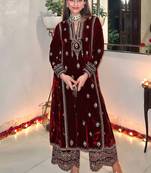 Maroon Velvet Hand Embroidered Pakistani Salwar Suit (Without Potibag)