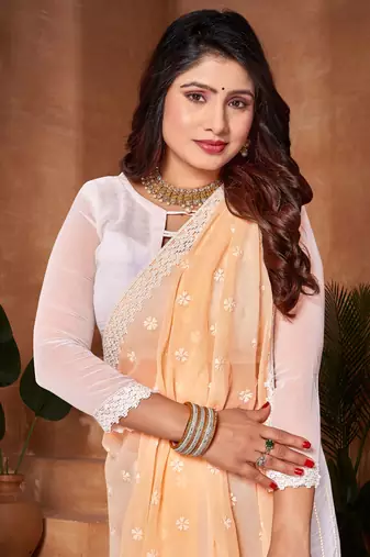 Designer yellow white resham embroidery work georgette saree