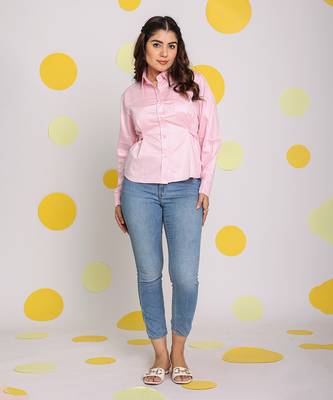 Solid baby pink collared full sleeve buttoned 100% cotton top 1