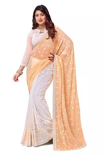 Designer yellow white resham embroidery work georgette saree