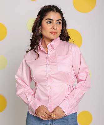 Solid baby pink collared full sleeve buttoned 100% cotton top 3