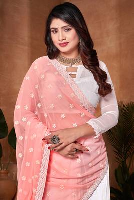 Designer peach white resham embroidery work georgette saree 2