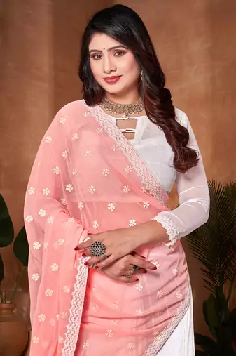 Designer peach white resham embroidery work georgette saree
