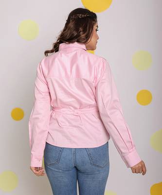 Solid baby pink collared full sleeve buttoned 100% cotton top 6