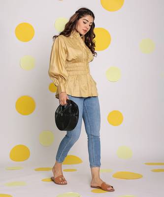 Solid beige collared full sleeve waist fitted buttoned 100% cotton top 1