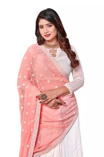 Designer peach white resham embroidery work georgette saree